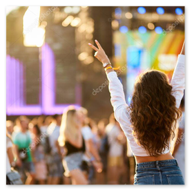 Festivalpodium bij zonsondergang met zangeres en juichend publiek