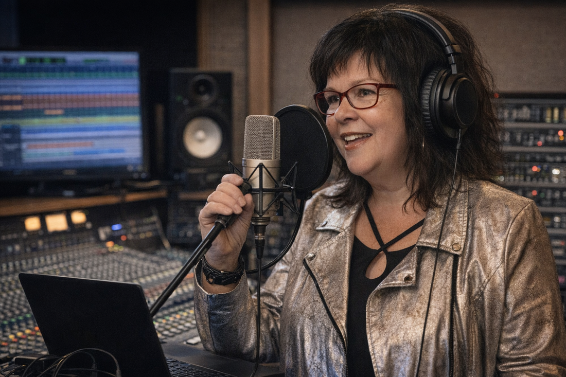 Zangeres repeteert met band in studio